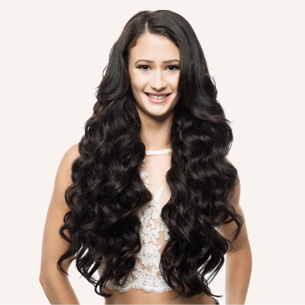 Bombay human hair hair extensions 22” 220g clip in 
Color: off black